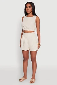 Womens Chic Smocked High Waisted Linen Shorts,