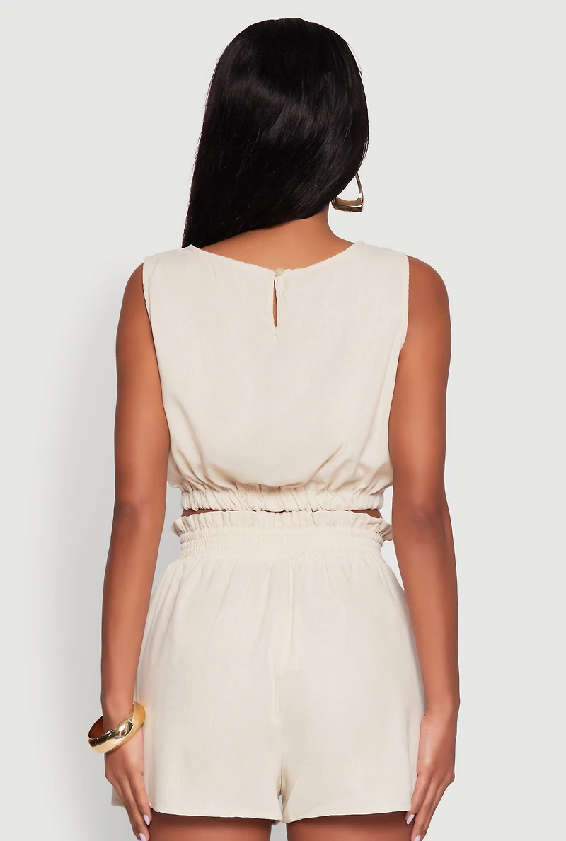 Womens Chic Smocked High Waisted Linen Shorts, Beige,