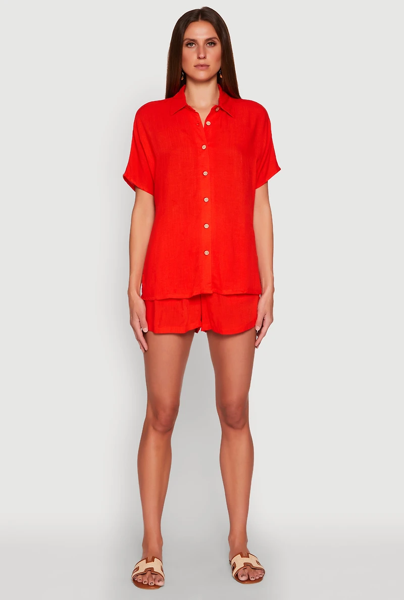 Womens Elastic Waist Shorts, Red,