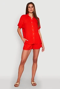 Womens Elastic Waist Shorts, Red,