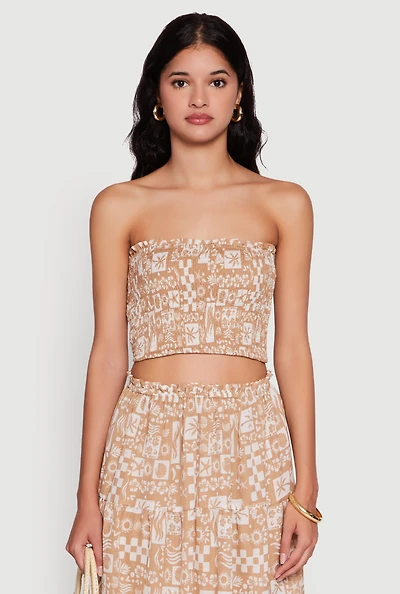 Womens Tropical Print Smocked Tube Top, Beige, Size S