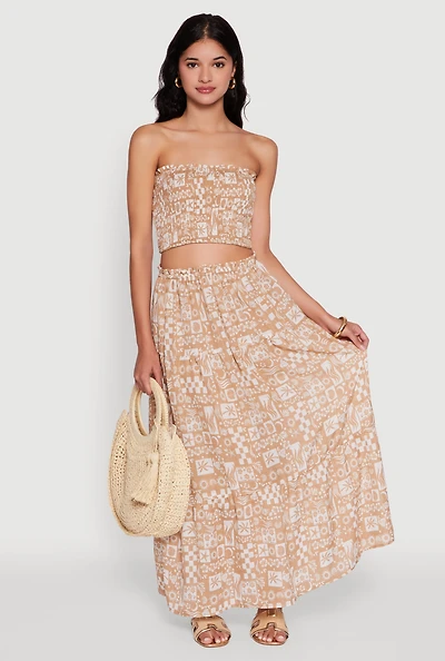 Womens Tropical Print Paper Bag Waist Tiered Maxi Skirt, Khaki, Size S