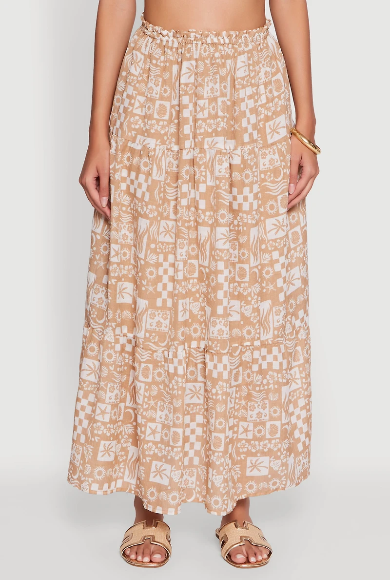 Womens Tropical Print Paper Bag Waist Tiered Maxi Skirt, Khaki, Size L
