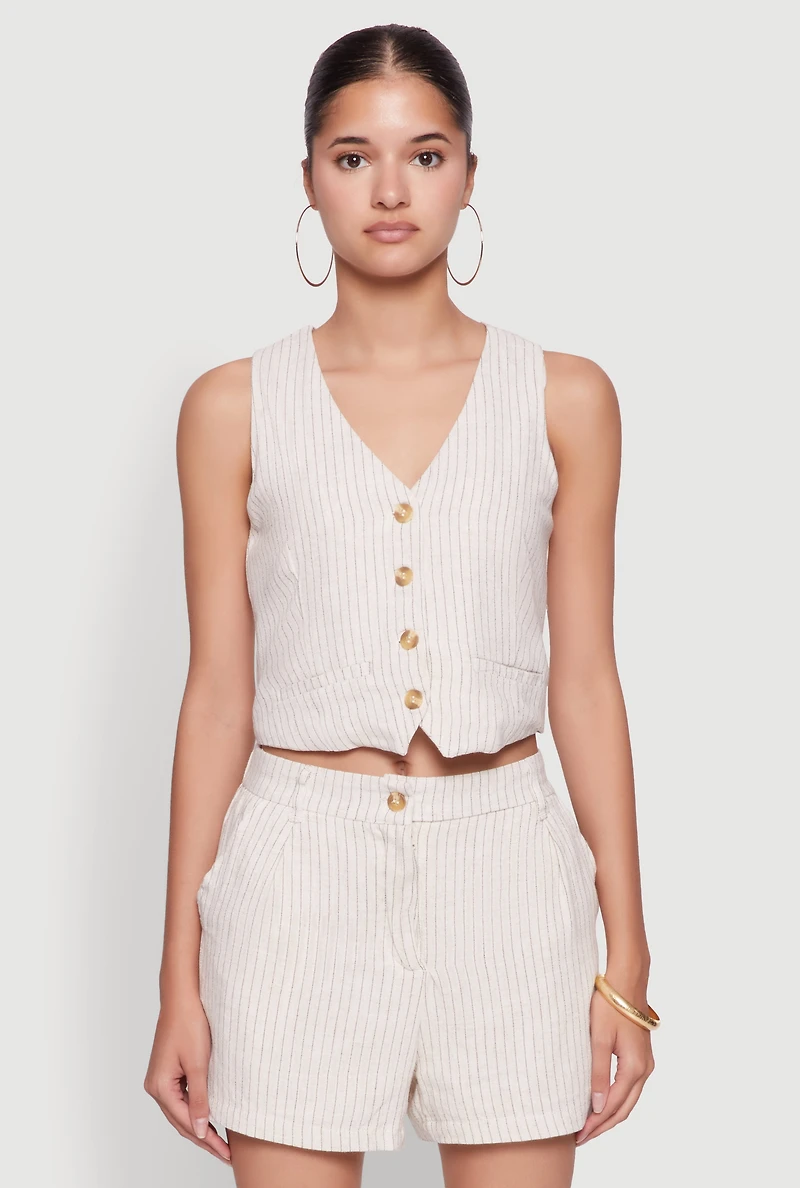 Womens Chic Linen Pinstripe Button Front Cropped Blazer Vest, Beige, Size S