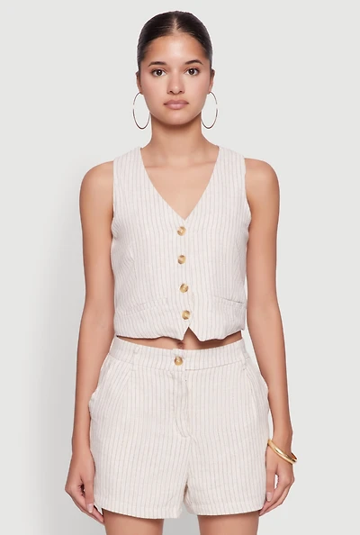 Womens Chic Linen Pinstripe Button Front Cropped Blazer Vest, Beige, Size L