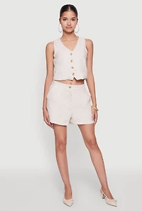 Womens Chic Linen Pinstripe Button Front Cropped Blazer Vest, Beige, Size S