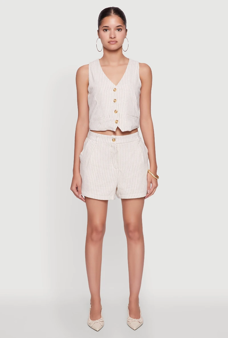 Womens Chic Linen Pinstripe Button Front Cropped Blazer Vest, Beige, Size S