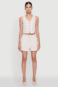 Womens Chic Linen Pinstripe Button Front Cropped Blazer Vest, Beige, Size S