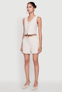 Womens Chic Linen Pinstripe Button Front Cropped Blazer Vest, Beige, Size S