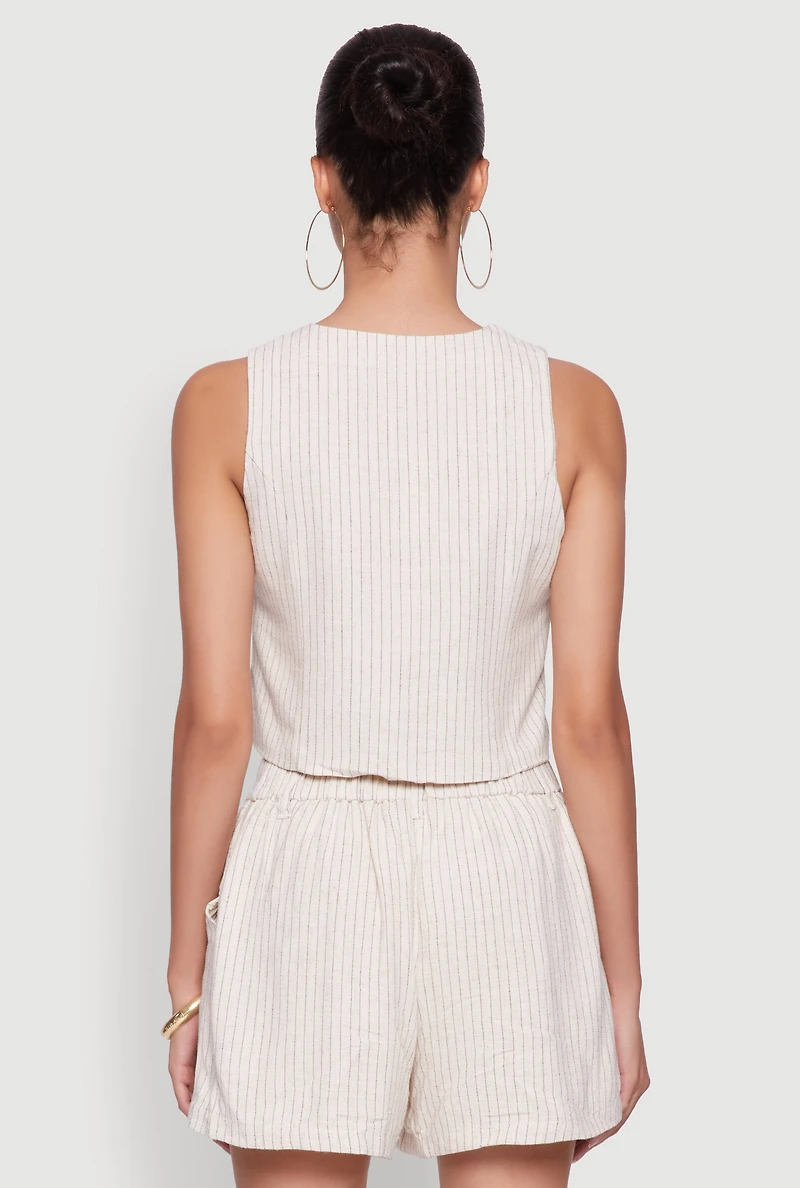Womens Chic Linen Pinstripe Button Front Cropped Blazer Vest, Beige, Size S
