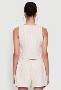 Womens Chic Linen Pinstripe Button Front Cropped Blazer Vest, Beige, Size S