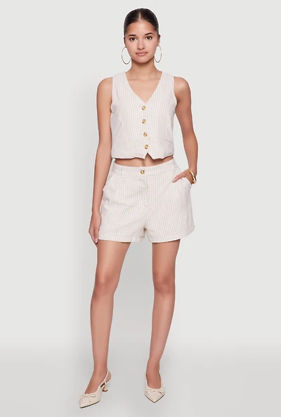 Womens Chic Linen Pinstripe Shorts, Khaki, Size XL