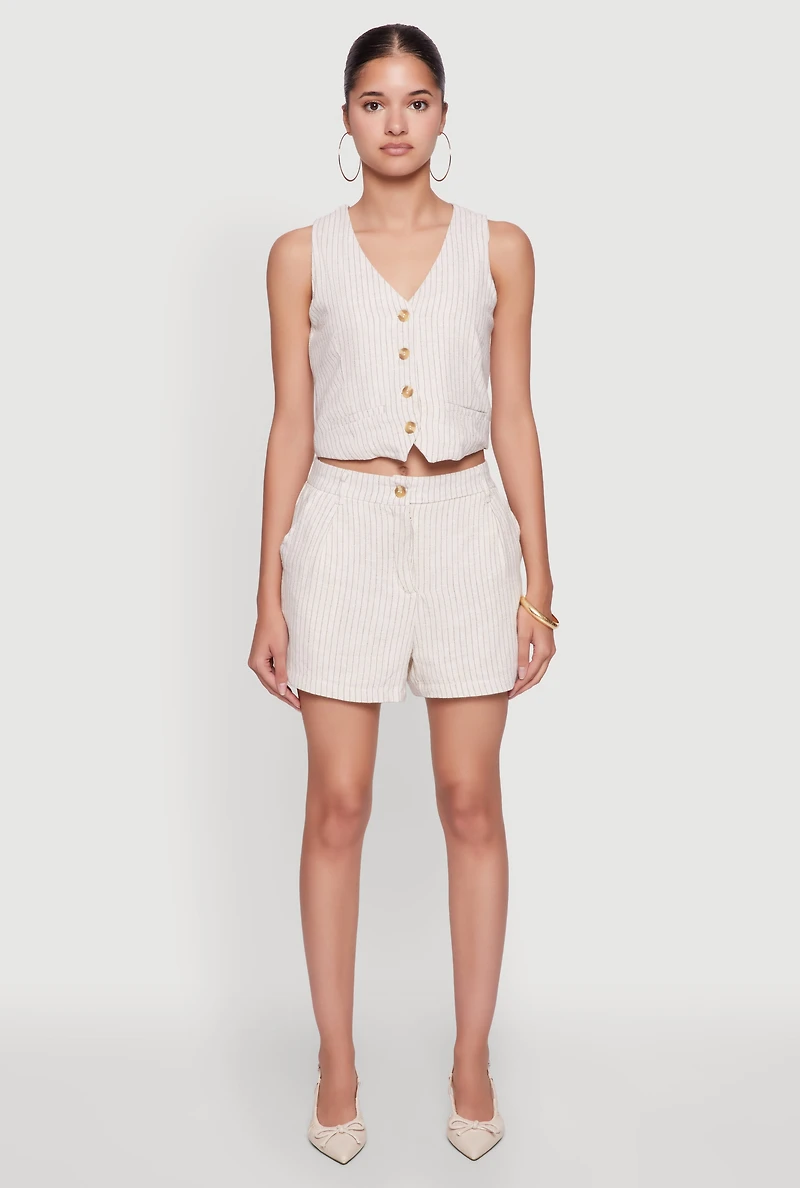 Womens Chic Linen Pinstripe Shorts, Khaki, Size M