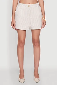 Womens Chic Linen Pinstripe Shorts, Khaki,