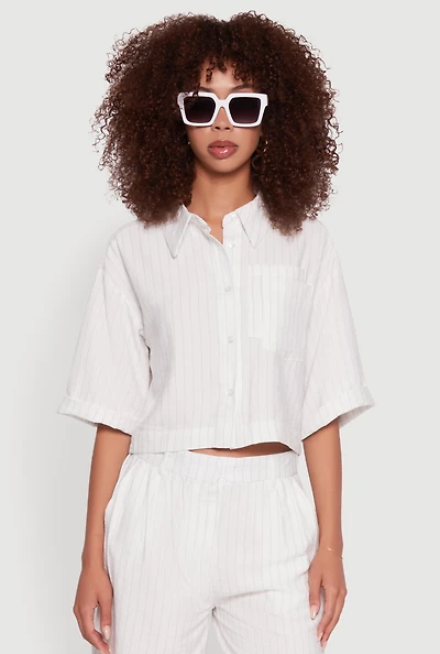 Womens Pinstripe Cropped Button Front Shirt, White, Size XL