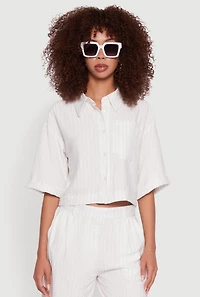 Womens Pinstripe Cropped Button Front Shirt, White, Size XL