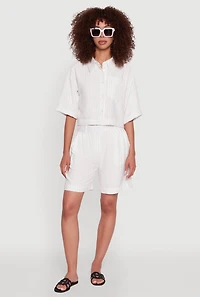 Womens Pinstripe Cropped Button Front Shirt, White, Size XL