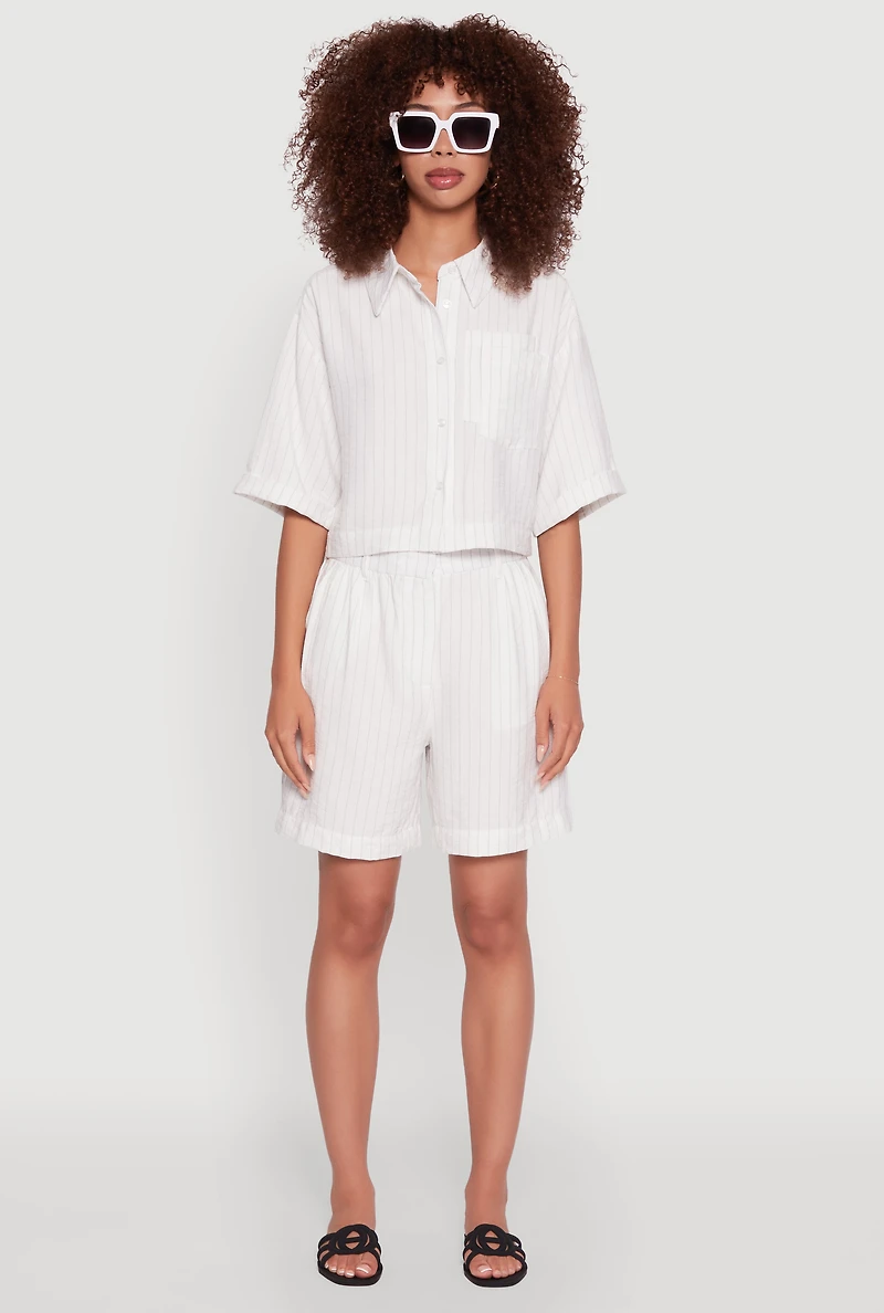 Womens Pinstripe Cropped Button Front Shirt, White, Size XL