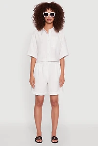 Womens Pinstripe Cropped Button Front Shirt, White, Size XL