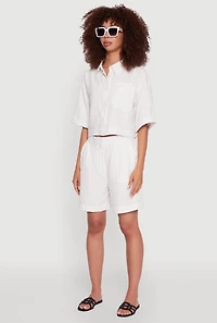 Womens Pinstripe Cropped Button Front Shirt, White, Size XL