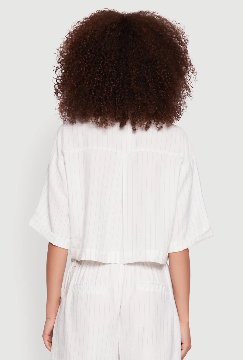 Womens Pinstripe Cropped Button Front Shirt, White, Size XL