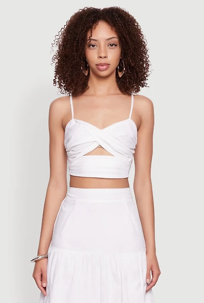 Womens Twist Front Zip Back Cropped Cami, White, Size M