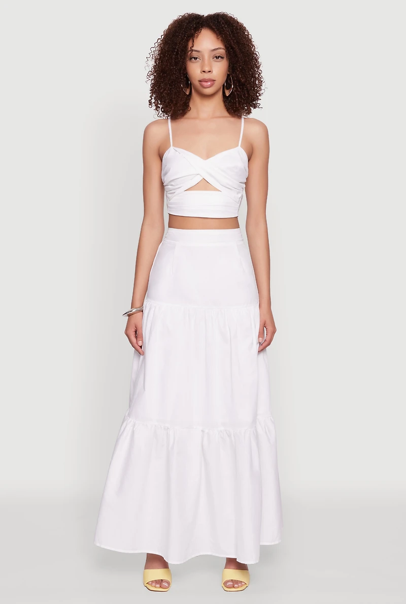 Womens Poplin High Waist Tiered Maxi Skirt, White, Size XS