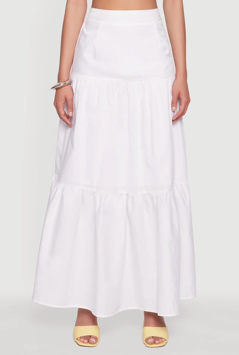 Womens Poplin High Waist Tiered Maxi Skirt, White, Size XS