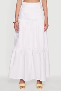 Womens Poplin High Waist Tiered Maxi Skirt, White, Size XS