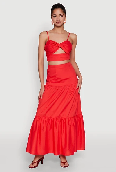 Womens Poplin High Waist Tiered Maxi Skirt,