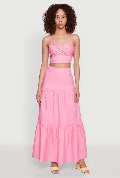 Womens Poplin High Waist Tiered Maxi Skirt, Pink,