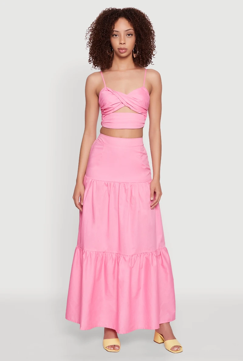 Womens Poplin High Waist Tiered Maxi Skirt, Pink, Size M