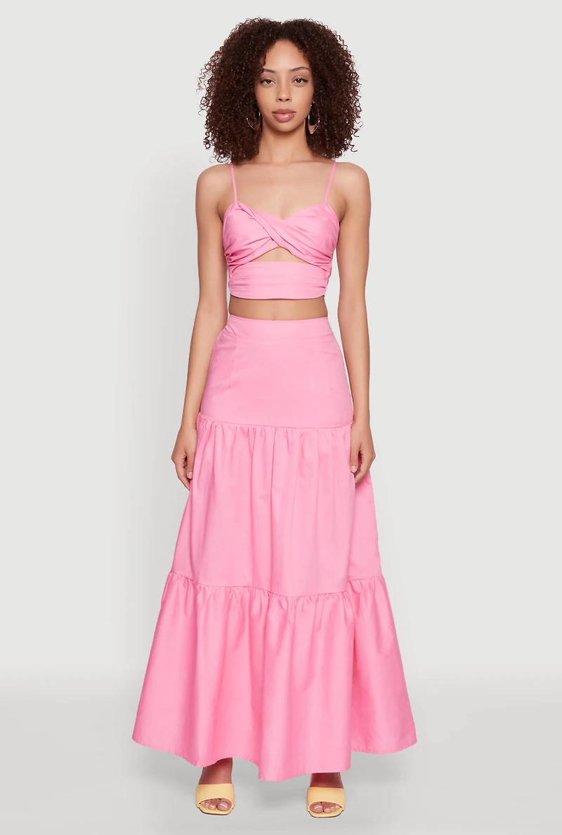 Womens Poplin High Waist Tiered Maxi Skirt, Pink, Size M