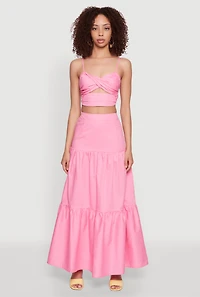Womens Poplin High Waist Tiered Maxi Skirt, Pink, Size M
