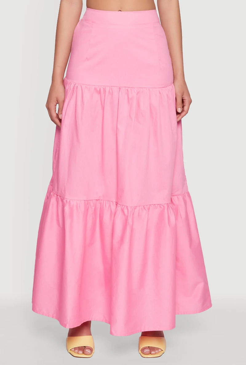 Womens Poplin High Waist Tiered Maxi Skirt, Pink, Size M