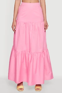 Womens Poplin High Waist Tiered Maxi Skirt, S