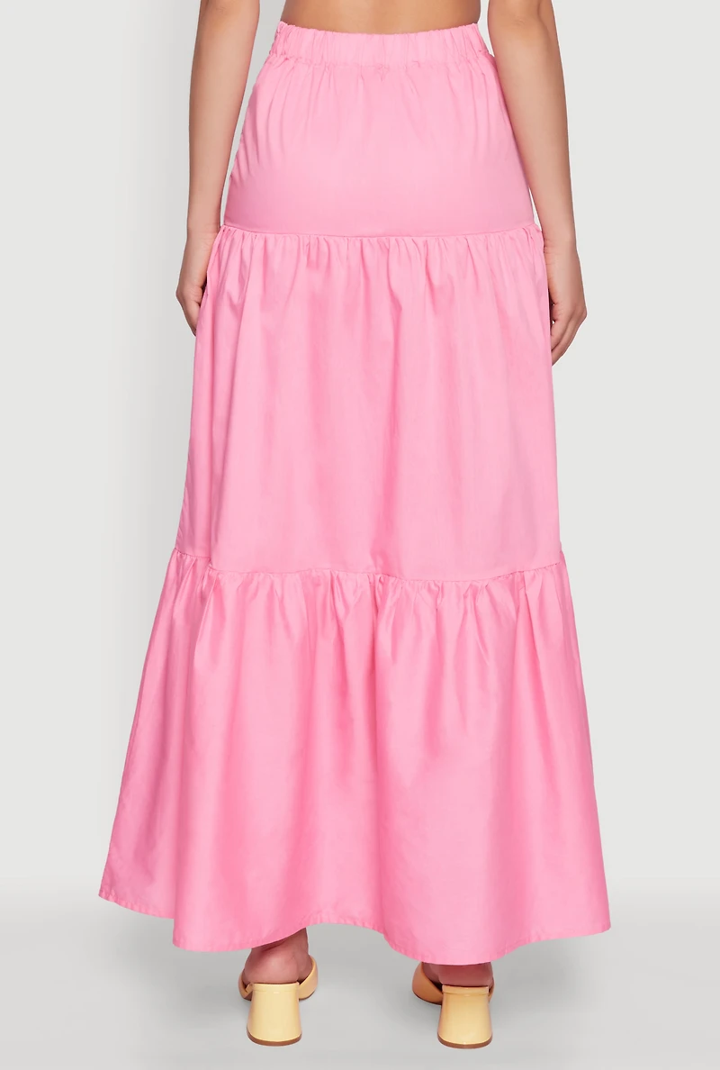 Womens Poplin High Waist Tiered Maxi Skirt, Pink, Size M