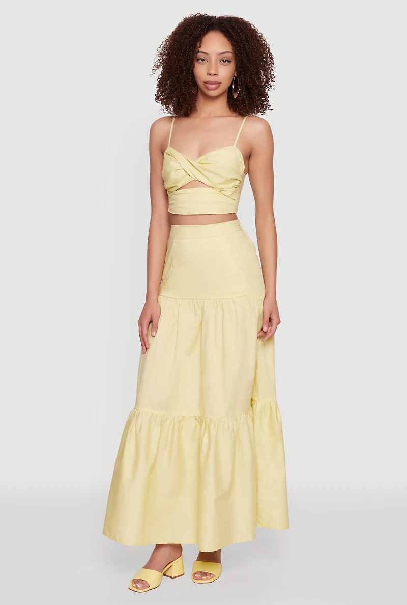 Womens Poplin High Waist Tiered Maxi Skirt, Yellow, Size XS
