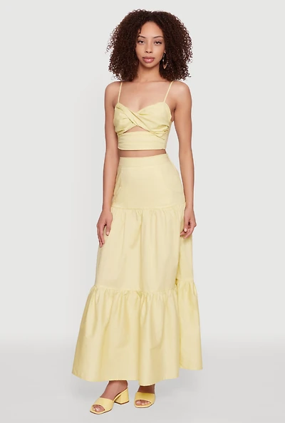 Womens Poplin High Waist Tiered Maxi Skirt, Yellow, Size XS