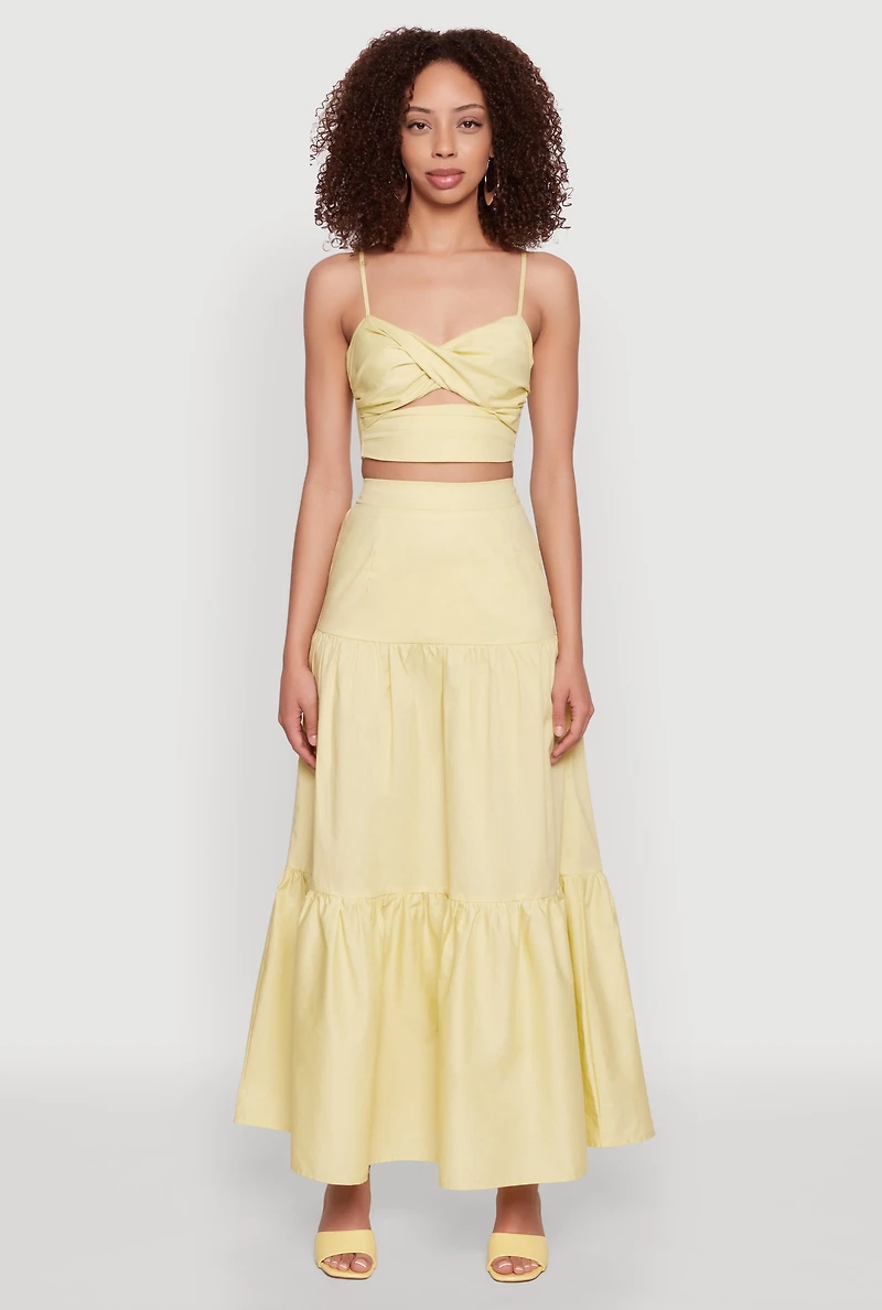 Womens Poplin High Waist Tiered Maxi Skirt, Yellow, Size XS