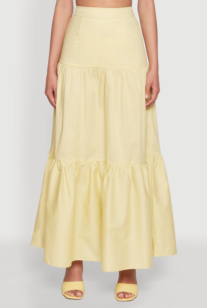 Womens Poplin High Waist Tiered Maxi Skirt, Yellow, Size XS