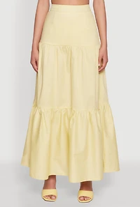 Womens Poplin High Waist Tiered Maxi Skirt, Yellow, Size XS