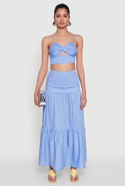 Womens Poplin High Waist Tiered Maxi Skirt,