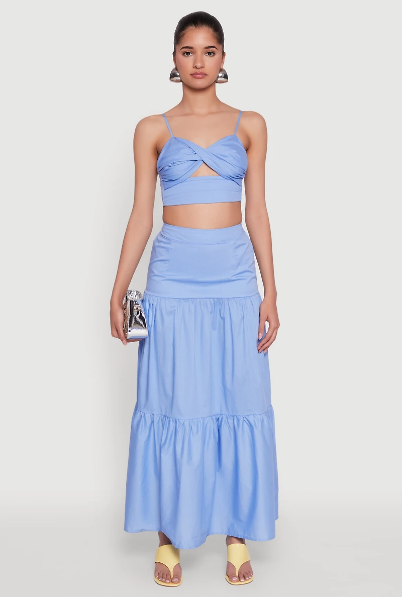 Womens Poplin High Waist Tiered Maxi Skirt, Blue, Size XS