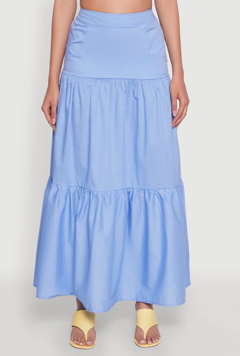 Womens Poplin High Waist Tiered Maxi Skirt, Blue, Size XS