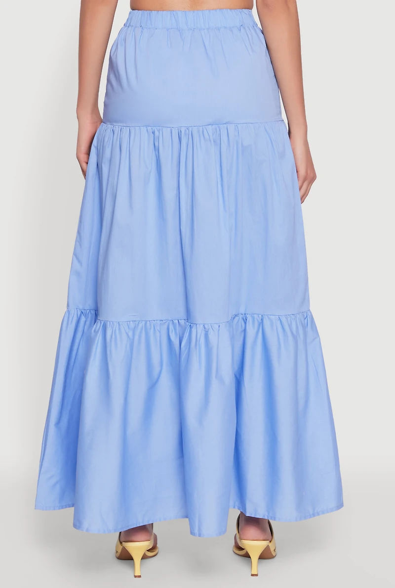 Womens Poplin High Waist Tiered Maxi Skirt, Blue,