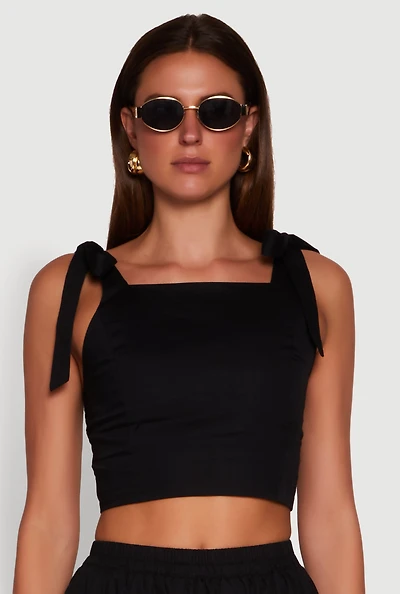 Womens Chic Bow Detail Smocked Crop Top, Black, Size M