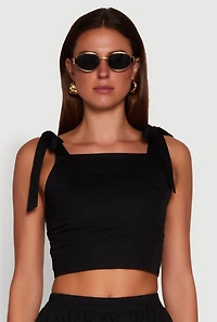 Womens Chic Bow Detail Smocked Crop Top, Black, Size M