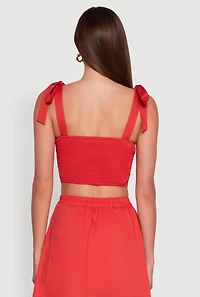Womens Chic Bow Detail Smocked Crop Top, L