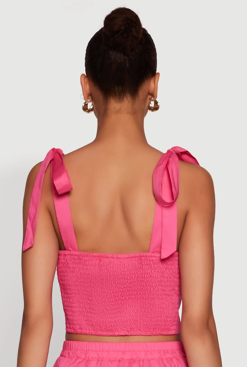 Womens Chic Bow Detail Smocked Crop Top, Pink, Size M